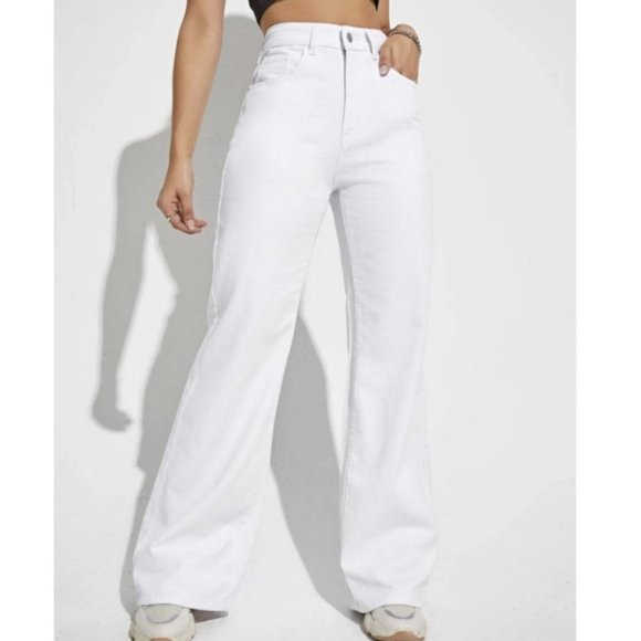 . Pants - White Casual Womens High Waist Patched Detail Wide Leg Pants